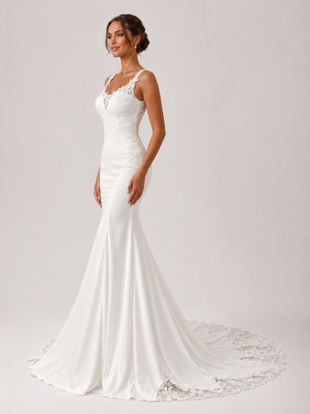 Elegant Spaghetti Strap Lace Applique Satin Mermaid Wedding Dress with Chapel Train