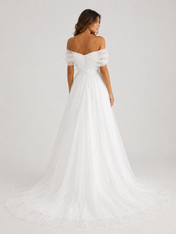 Elegant Off-the-Shoulder Ruched Tulle A-Line Wedding Dress with Chapel Train