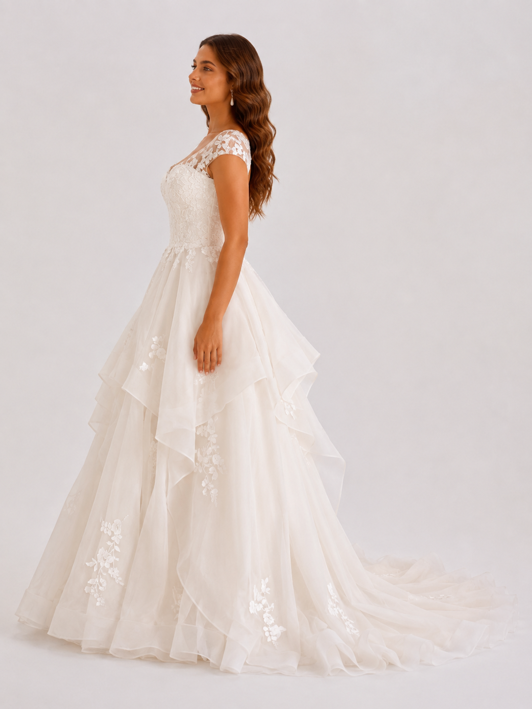 Elegant Cap-Sleeve Layered Tulle A-Line Wedding Dress with Floral Lace Appliques and Chapel Train