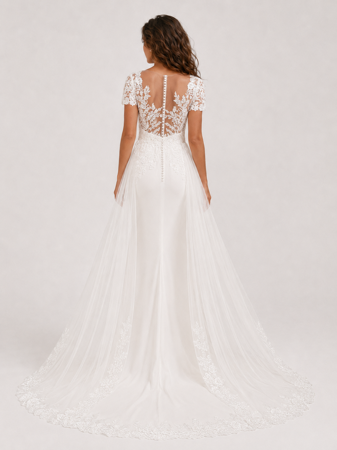 Elegant Lace Applique Short-Sleeve Mermaid Wedding Dress with Detachable Overskirt and Chapel Train