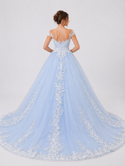 Elegant Off-the-Shoulder Lace Applique Blue A-Line Wedding Dress with Chapel Train