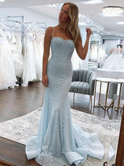 Light Blue Mermaid Spaghetti Straps Long Prom Dress with Beading