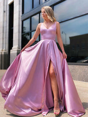 Pink A Line V-Neck Satin Long Prom Dress with Slit