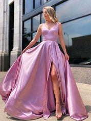 Pink A Line V-Neck Satin Long Prom Dress with Slit