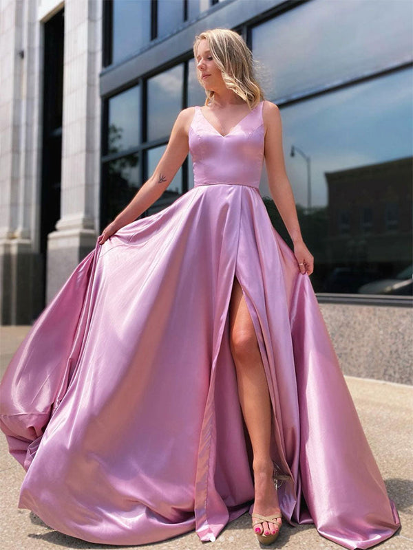 Pink A Line V-Neck Satin Long Prom Dress with Slit