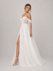 Elegant Off-the-Shoulder Corset Tulle A-Line Wedding Dress with High Slit and Chapel Train