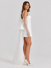 Elegant Square-Neck Satin Mini Wedding Dress with Oversized Back Bow and Long Train