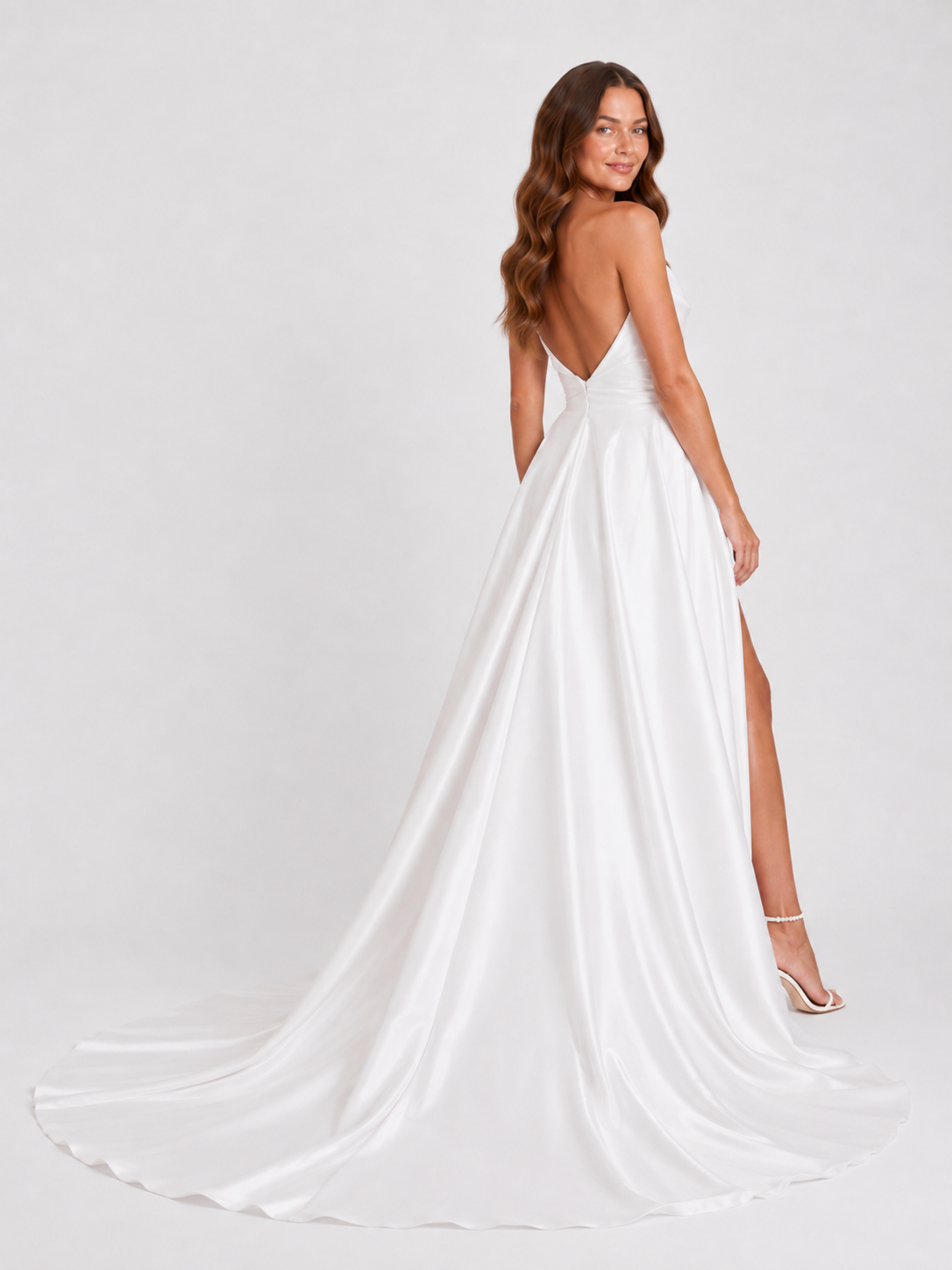 Elegant Cowl Neck Satin A-Line Wedding Dress with High Slit and Sweep Train