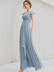 Dusty Blue A-Line V-Neck Floor-Length Chiffon Bridesmaid Dress With Ruffle