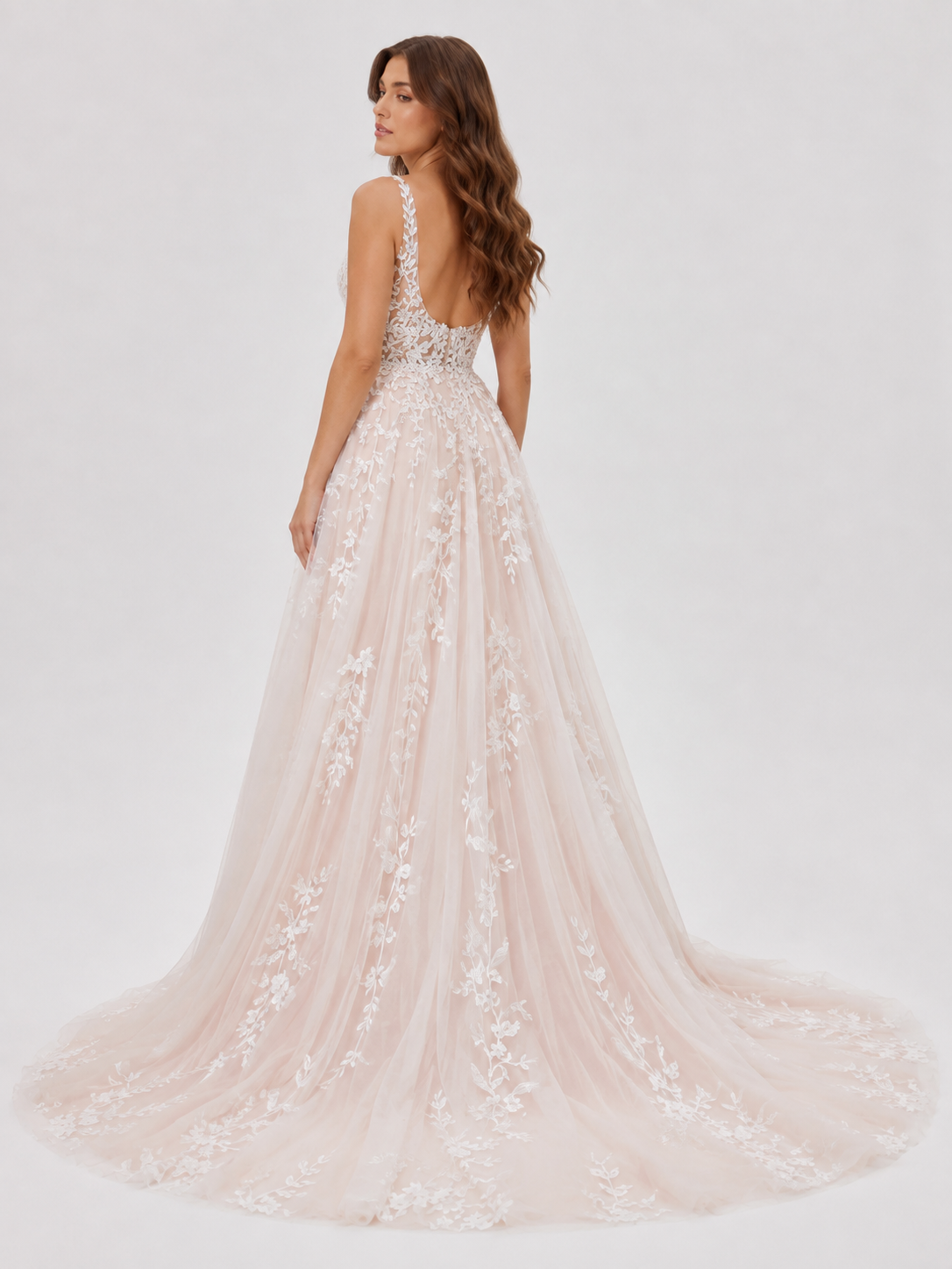 Elegant Illusion V-Neck Lace Applique A-Line Wedding Dress with Chapel Train