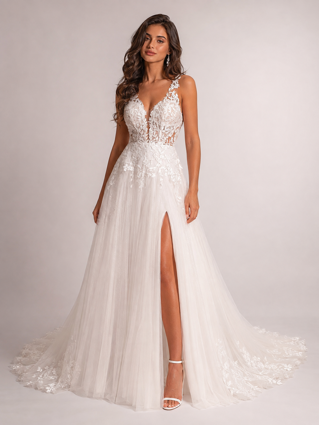 Elegant V-Neck Lace Applique A-Line Wedding Dress with High Slit and Chapel Train