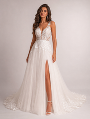 Elegant V-Neck Lace Applique A-Line Wedding Dress with High Slit and Chapel Train