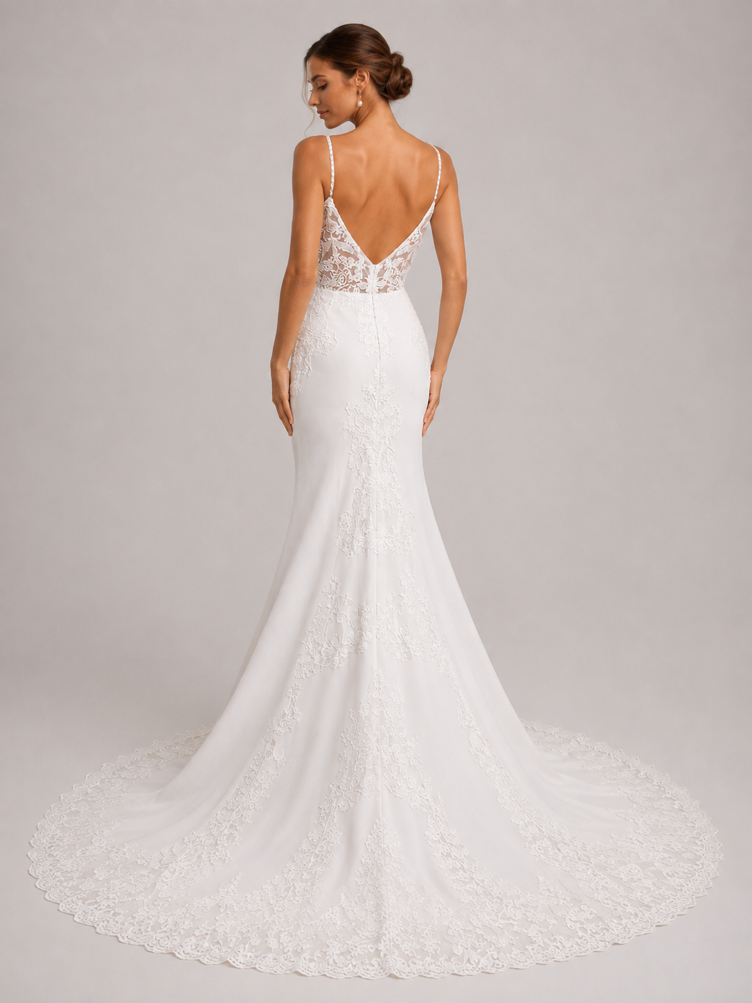 Elegant Spaghetti Strap Illusion Lace Bodice Satin Sheath Wedding Dress with Sweep Train