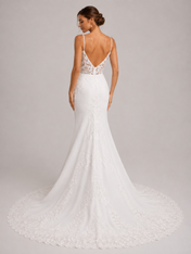 Elegant Spaghetti Strap Illusion Lace Bodice Satin Sheath Wedding Dress with Sweep Train