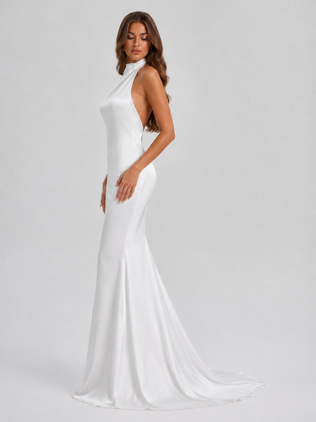 Elegant High-Neck Open-Back Satin Mermaid Wedding Dress with Sweep Train