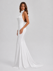 Elegant High-Neck Open-Back Satin Mermaid Wedding Dress with Sweep Train
