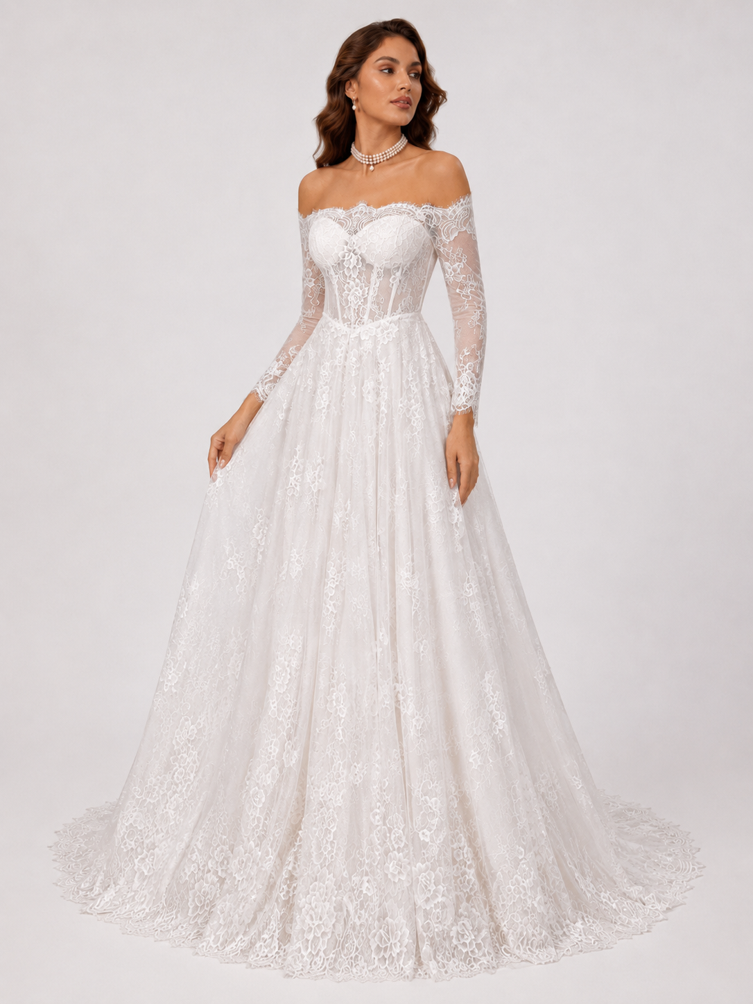 Elegant Off-the-Shoulder Corset Lace A-Line Wedding Dress with Chapel Train
