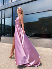 Pink A Line V-Neck Satin Long Prom Dress with Slit