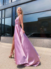 Pink A Line V-Neck Satin Long Prom Dress with Slit