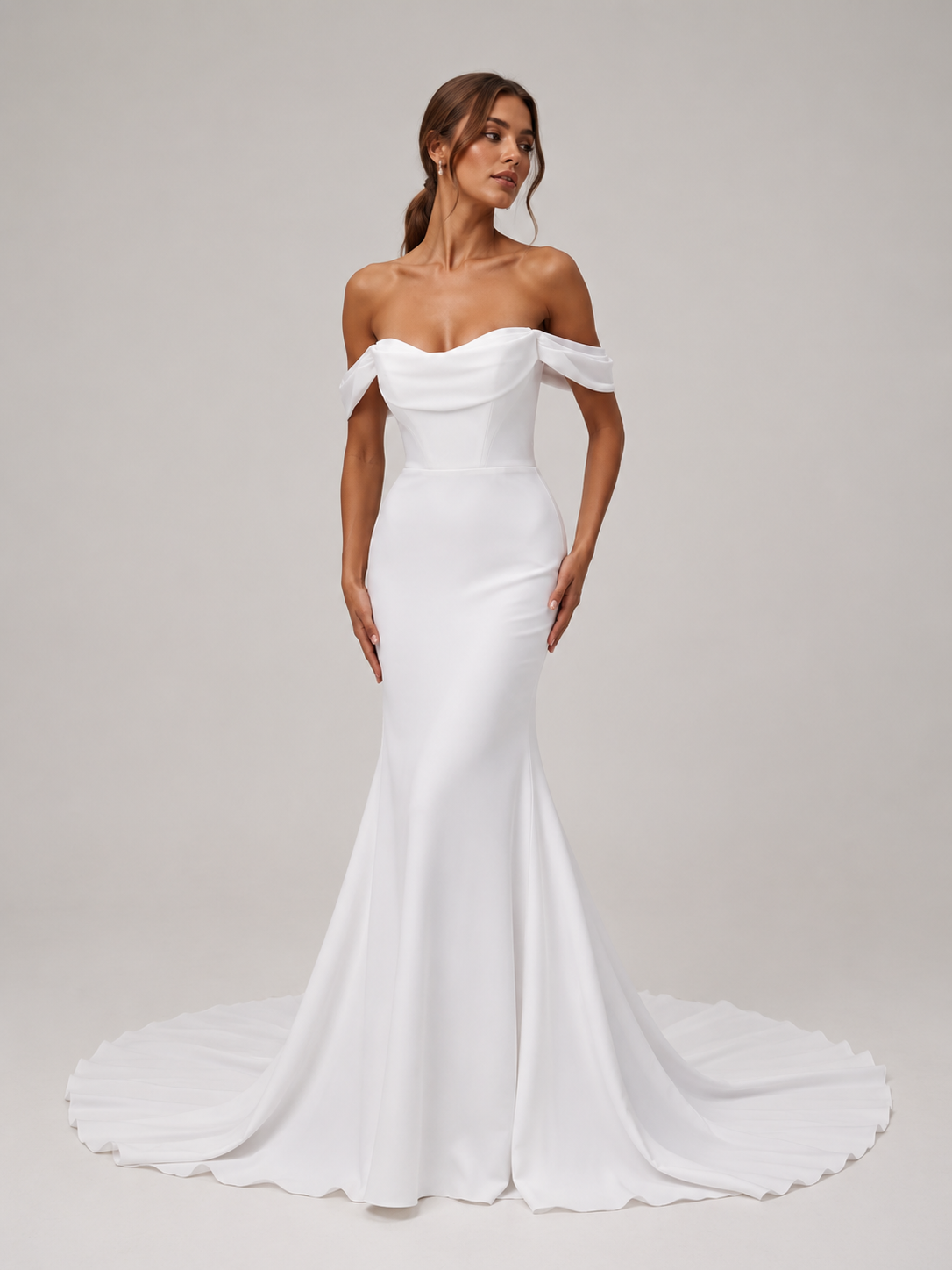 Elegant Off-the-Shoulder Cowl Neck Satin Mermaid Wedding Dress with Chapel Train