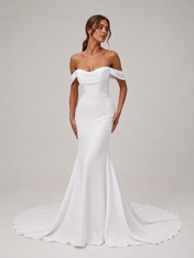 Elegant Off-the-Shoulder Cowl Neck Satin Mermaid Wedding Dress with Chapel Train