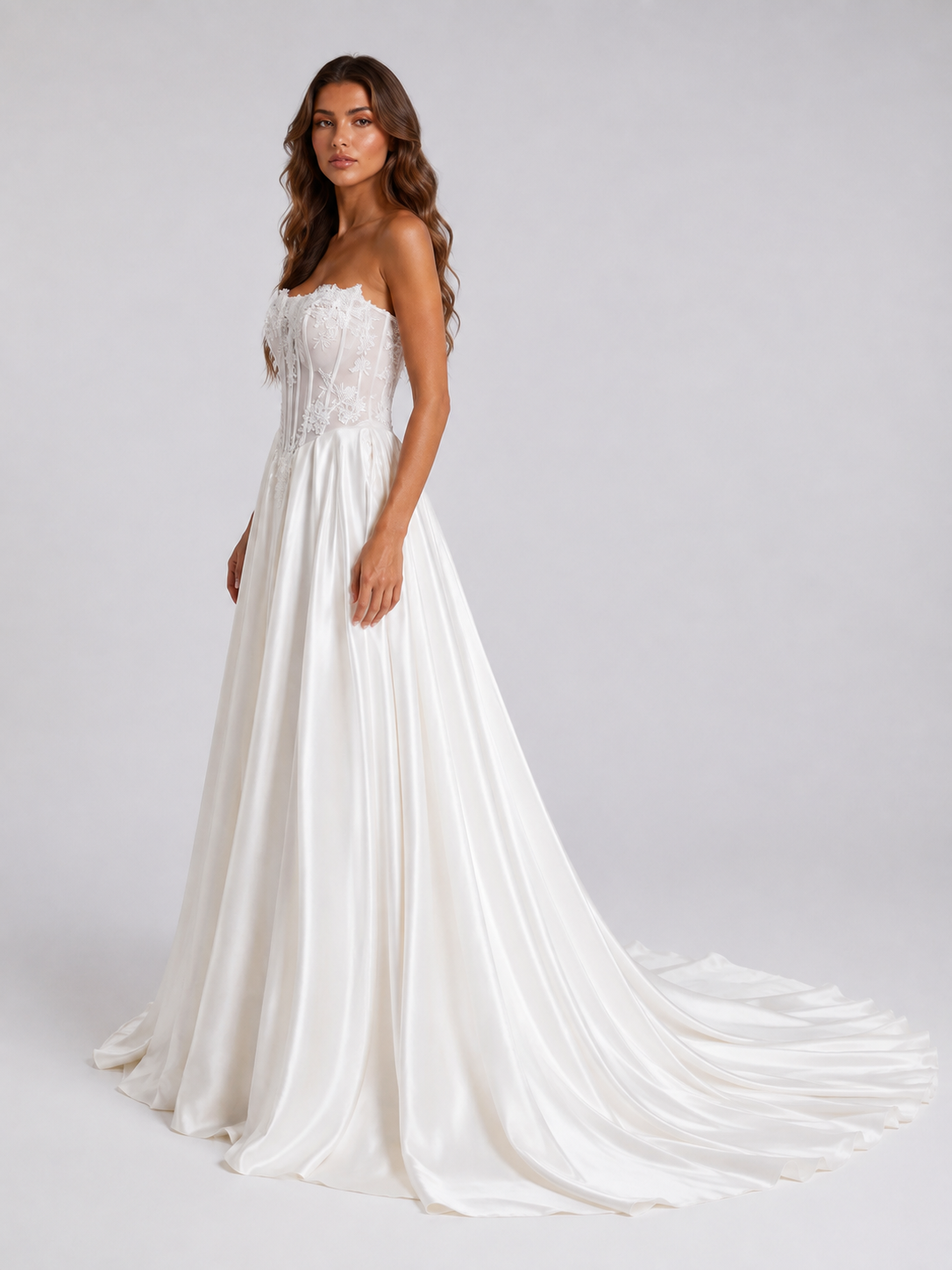 Elegant Strapless Corset Satin A-Line Wedding Dress with Chapel Train