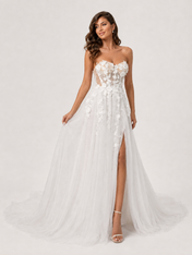 Elegant Strapless 3D Floral Appliquéd Tulle A-Line Wedding Dress with High Slit and Chapel Train