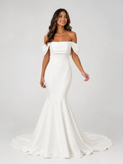 Elegant Off-the-Shoulder Draped Satin Mermaid Wedding Dress with Chapel Train