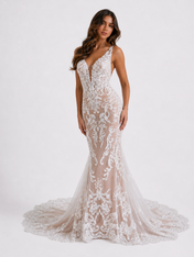 Elegant Illusion V-Neck Lace Appliqué Mermaid Wedding Dress with Chapel Train