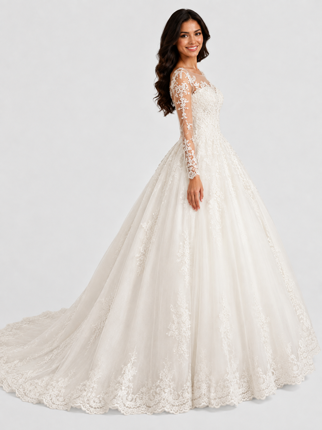 Elegant Illusion Long-Sleeve Lace Tulle A-Line Wedding Dress with Chapel Train