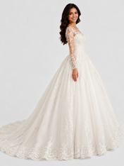 Elegant Illusion Long-Sleeve Lace Tulle A-Line Wedding Dress with Chapel Train