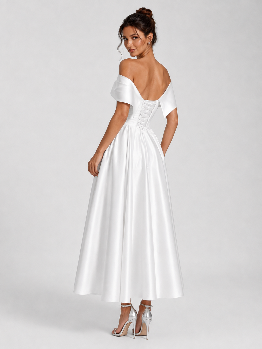 Elegant Off-the-Shoulder Ruched Satin A-Line Midi Wedding Dress