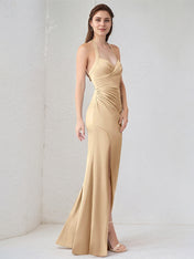 Champagne Satin Spaghetti Straps Sleeveless Floor Length Dress With High Slit