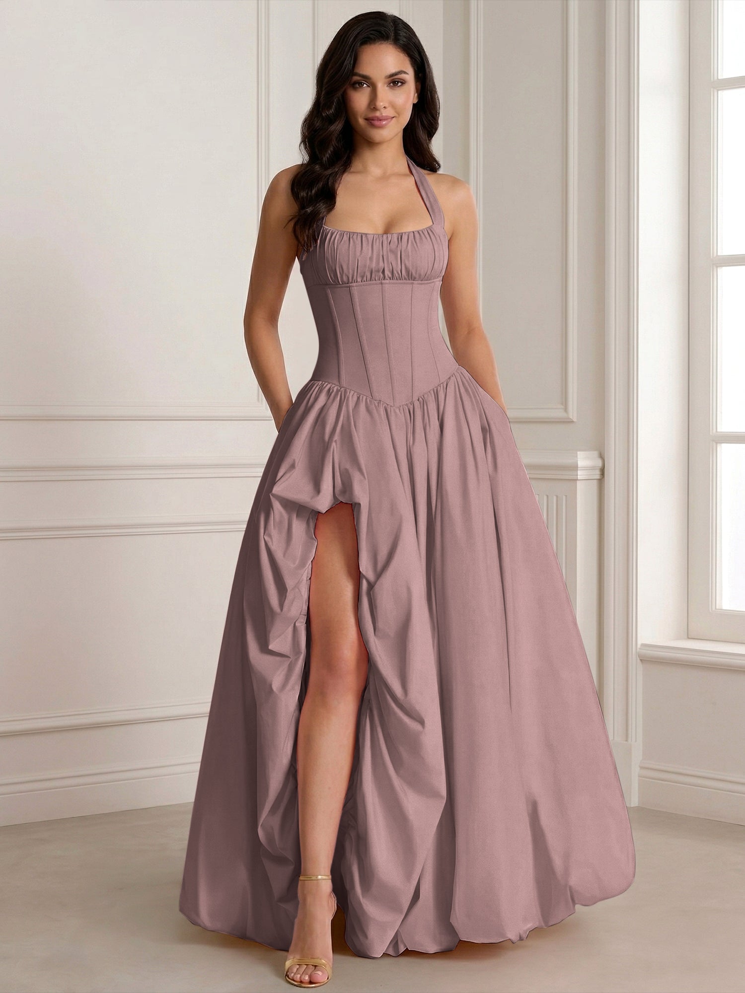 Glamorous Blush Pink Halter Corset Evening Paty Dress Gown