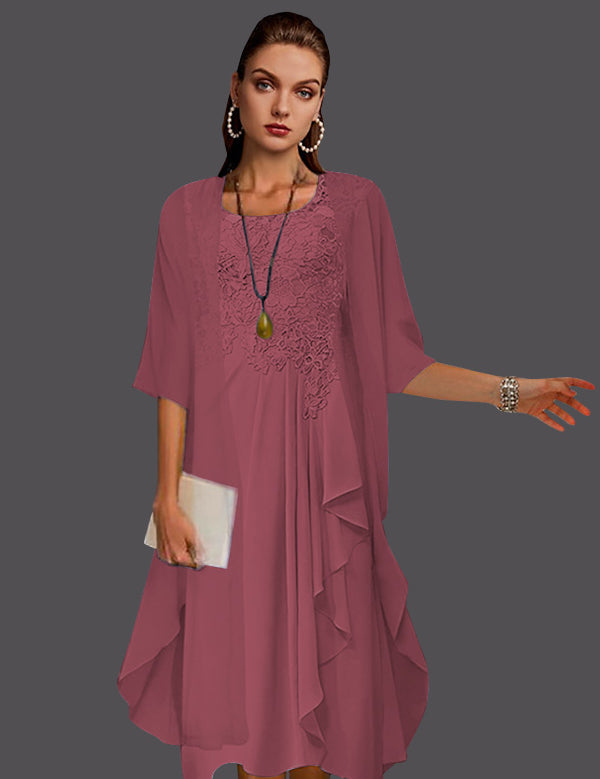 Two Piece A-Line Chiffon Lace Sleeveless Jacket Dresses with Pleats Appliques