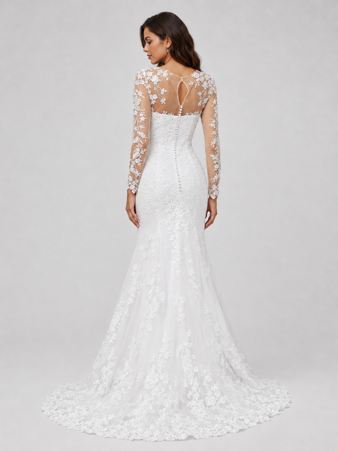 Elegant Illusion Long-Sleeve Lace Mermaid Wedding Dress with Keyhole Back and Sweep Train