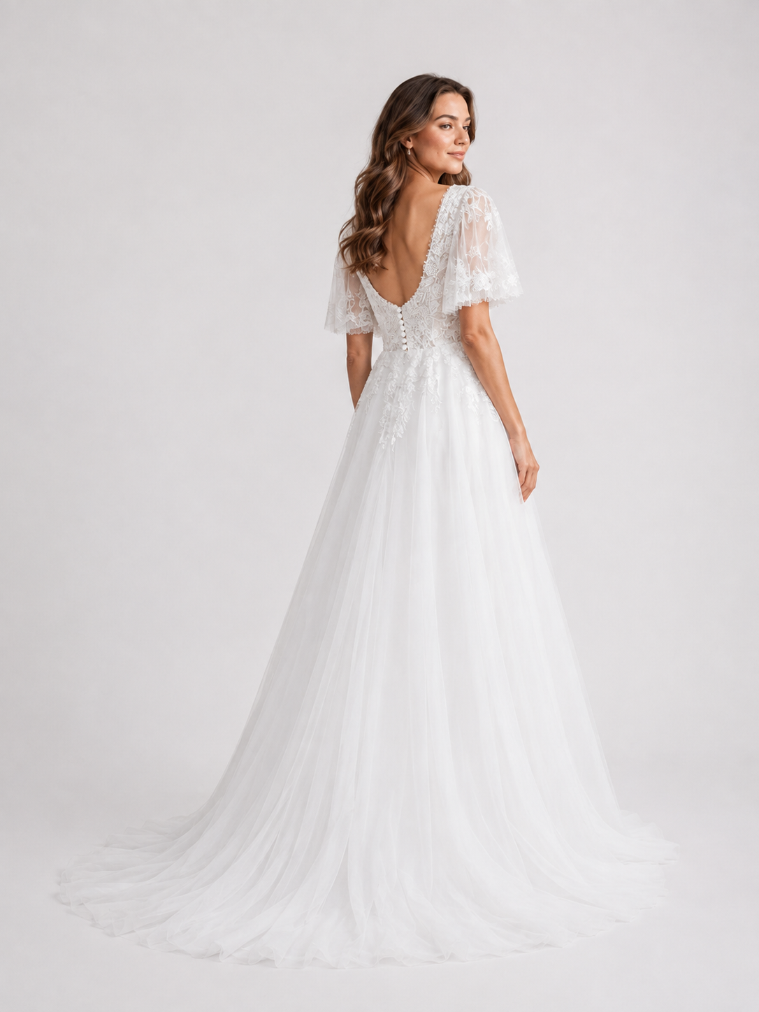 Elegant V-Neck Flutter Sleeve Lace Tulle A-Line Wedding Dress with Chapel Train