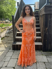 Orange Mermaid Spaghetti Straps Sequins Applique Long Prom Dress