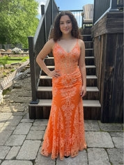 Orange Mermaid Spaghetti Straps Sequins Applique Long Prom Dress