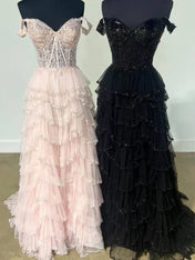Glamorous Champagne Beaded Tiered Ruffle Corset Prom Dress with Slit