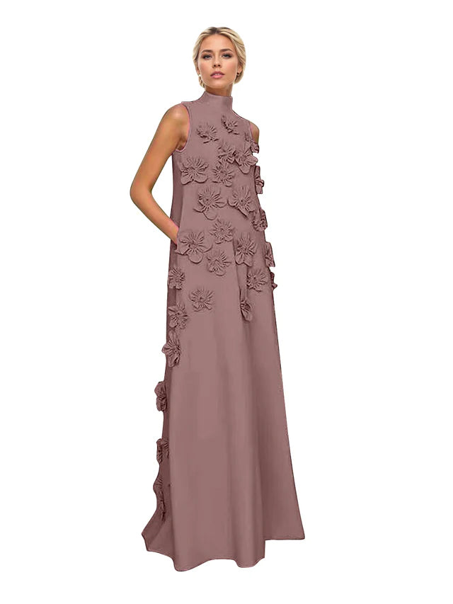 A Line High Neck Sleeveless Floor Length Stretch Crepe Dress With 3D Flowers