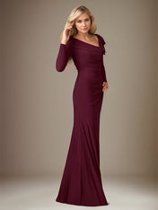 Cabernet Satin Asymmetrical Neck Long Sleeves Floor Length Dress With 3D Flower