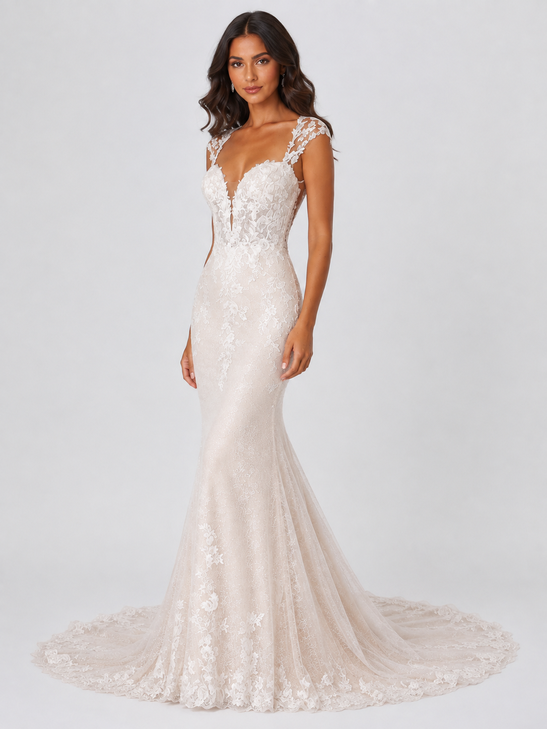 Elegant Lace Applique Cap-Sleeve Mermaid Wedding Dress with Chapel Train
