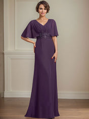 A-line V-Neck Floor-Length Chiffon Mother of the Bride Dress With Pleated Sequins Appliques Lace