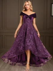 A-line Off the Shoulder Asymmetrical Velvet Lace Evening Dress With Pleated Sequins