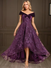 A-line Off the Shoulder Asymmetrical Velvet Lace Evening Dress With Pleated Sequins