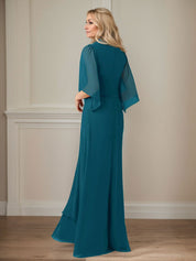 Robe mère de la mariée longue en mousseline à paillettes et col en V