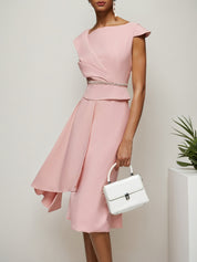 Pink Asymmetrical Neck Cap Sleeve Rhinestone A-Line Midi Dress