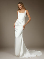 White Mermaid Square Neckline Double Faced Satin Wedding  Dress