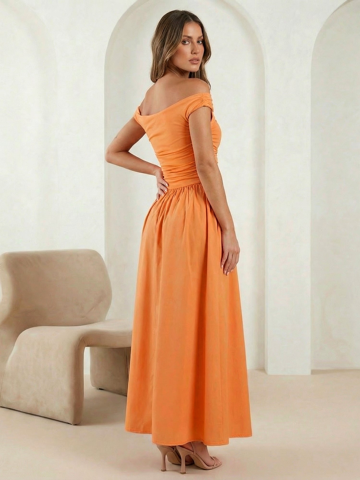Orange One Shoulder Satin A Line Pleat Maxi Dresses